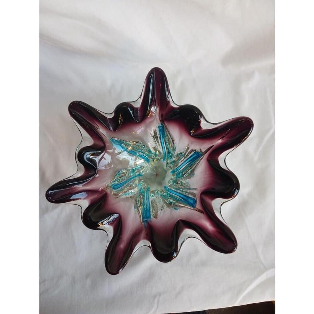 Murano Style Art Glass Footed Bowl Amethyst Turquoise